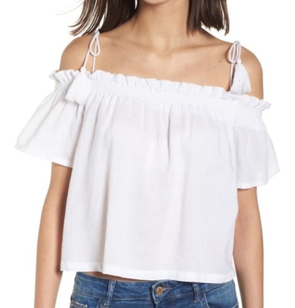 DL1961 Cornelia Cropped Top Womens XS White Off Shoulder Linen Blend Tasseled
